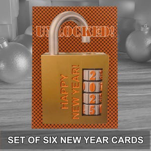 Desbloquea el 2025 con un paquete de 6 tarjetas de felicitación de Año Nuevo en un estilo moderno ideal. Se entregan con sobres kraft. Diseño original.