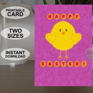 Cartão de Feliz Páscoa A5 e 5 x 7 polegadas para impressão instantânea, cartão de felicitações colorido estilo pop art, design original de pintinho da Páscoa para download digital.