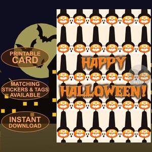 Druckbare Happy Halloween Karte. Digitaler Download. Gruseliger, gruseliger Spaß! Farbenfrohes Original Kunst Design.