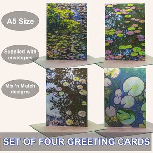 Pack de 4 Tarjetas de Felicitación con temática de nenúfares. Se suministra con sobres kraft. Diseño original.