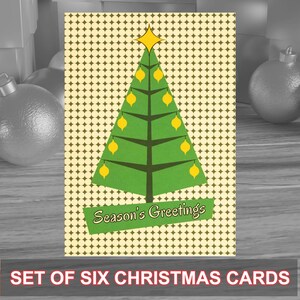 Paquete de 6 tarjetas navideñas de estilo moderno de mediados de siglo, ideales para la temporada festiva. Se entregan con sobres de papel kraft. Diseño original.