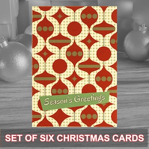 Paquete de 6 tarjetas navideñas de estilo moderno de mediados de siglo, ideales para la temporada festiva. Se entregan con sobres de papel kraft. Diseño original.