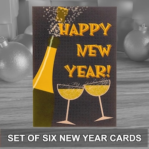 Lot de 6 cartes de voeux de nouvel an de style rétro moderne, idéales pour les fêtes de fin d'année. Fourni avec des enveloppes kraft. Conception originale.
