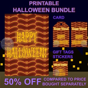 Pacchetto di etichette regalo e adesivi per biglietti Happy Halloween stampabili. Scaricamento digitale. Divertimento spettrale e spaventoso! Design artistico originale colorato.