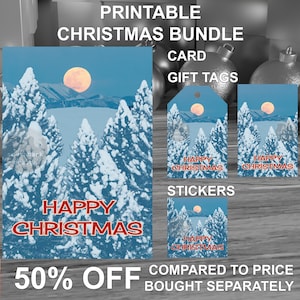 Printable retro style Christmas Card Gift Tags and Stickers Bundle. Snowy forest theme. Digital download. Original design.