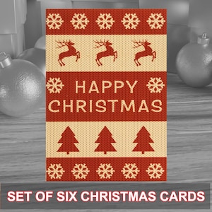 Pack de 6 Tarjetas Navideñas con look de jersey de punto ideal para las fiestas navideñas. Se suministra con sobres kraft. Diseño original.
