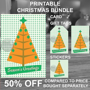 Printable mid century modern style Season’s Greetings Card Gift Tags and Stickers Bundle. Retro 1950s style Christmas. Digital download.