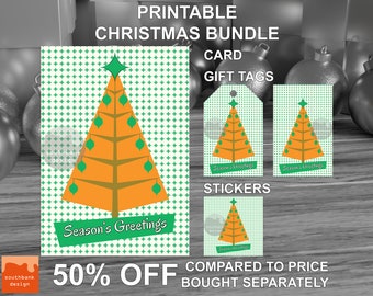 Printable mid century modern style Season’s Greetings Card Gift Tags and Stickers Bundle. Retro 1950s style Christmas. Digital download.