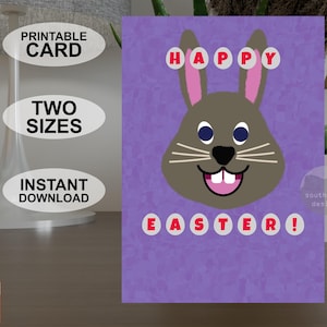 Carte de Joyeuses Pâques A5 et 5 x 7 pouces instantanément imprimable, carte de voeux colorée de style pop art, téléchargement numérique de conception originale de lapin de Pâques