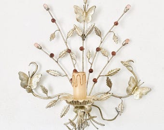 Applique murale florentine vintage avec feuilles et papillons, métal argenté à la feuille et pampilles en verre de Murano
