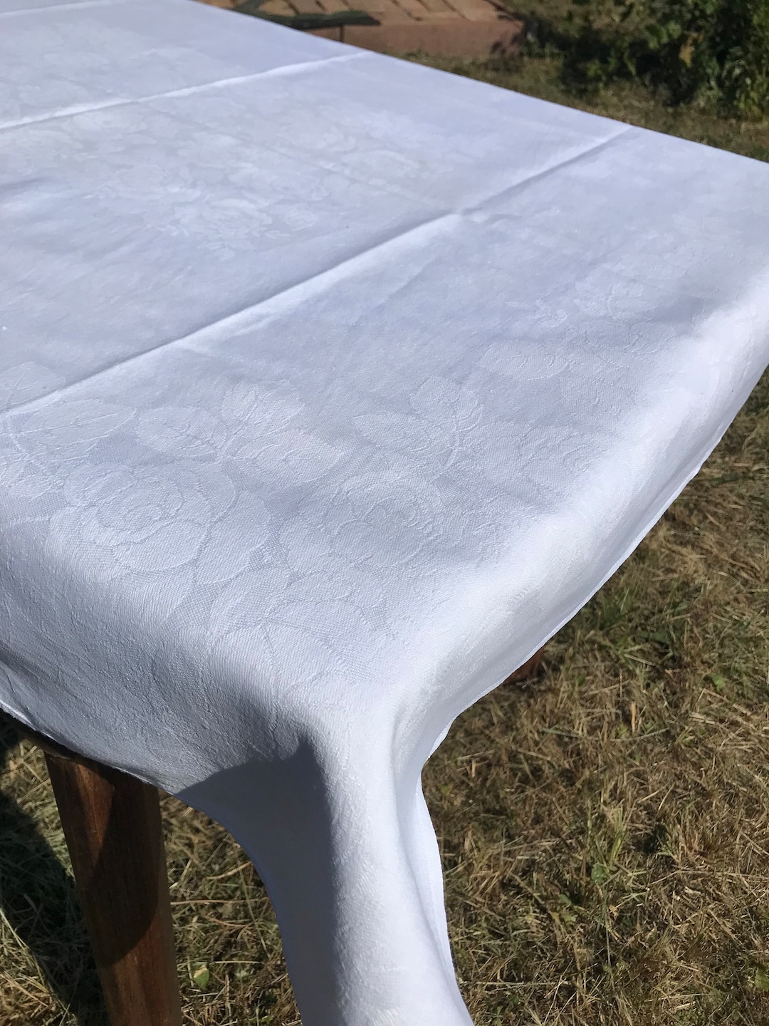Large White Vintage Damask Tablecloth With Roses. Etsy