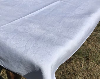 Large White Vintage Damask Tablecloth with Roses.