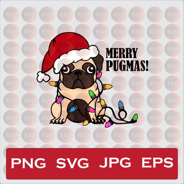 Merry Pug mas SVG, Cute Pug With Santa Hat, Christmas Pug EPS, Pugmas Svg, Bah Hum Pug PNG,  Cricut File, Instant Download, Animal Santa Hat