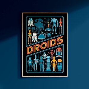 May include: A black and white poster with the word "DROIDS" in a colourful, retro font. The poster features a collection of Star Wars droids, including R2-D2, C-3PO, and BB-8.