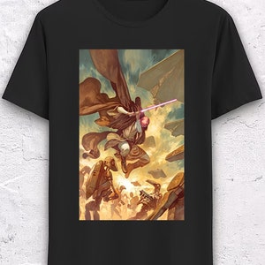 Peut inclure: Un t-shirt noir avec un imprimé graphique d'un personnage brandissant un sabre laser dans une scène de bataille. Le personnage est entouré d'autres personnages et de vaisseaux spatiaux. L'arrière-plan est de couleur jaune et orange.