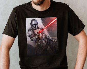 The Mandalorian Shoots With Blaster Unisex Premium T-shirt Grogu The Child Shirt Bounty Hunter Jedi Luke Skywalker Gift For Men May The 4th