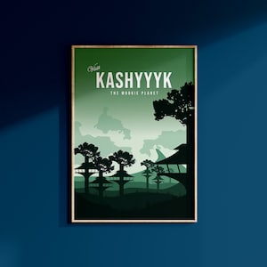 May include: A green and white poster with the text "Visit Kashyyyk The Wookiee Planet" and a silhouette of a forest with trees and buildings.