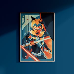 Puede incluir: Una impresión de arte digital que presenta a un personaje femenino con marcas naranjas y negras en la cara y la cabeza, sosteniendo un sable de luz. El fondo es un diseño abstracto azul y naranja.