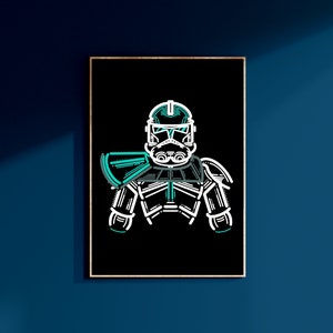 May include: A white and teal line art illustration of a Star Wars clone trooper on a black background.