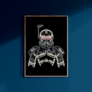 May include: A black and white line art illustration of a Star Wars clone trooper wearing a helmet with red eyes. The trooper is wearing armour with a variety of details and markings.