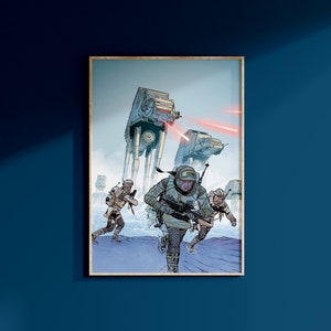 Op de afbeelding: Een groep van vier soldaten in camouflage-uniformen rent door een besneeuwd landschap, achtervolgd door twee AT-AT-wandelaars die rode laserstralen afvuren.