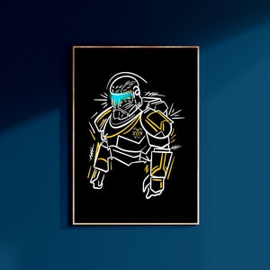 May include: Line art illustration of a futuristic soldier in a white and yellow suit with a blue visor on a black background.
