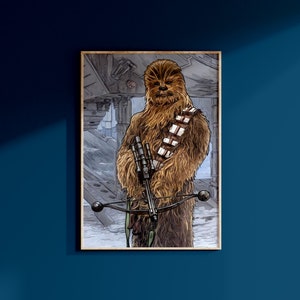 Könnte beinhalten: Eine Illustration von Chewbacca, einer fiktiven Figur aus dem Star Wars-Franchise, der eine Bogenwaffe hält. Die Illustration spielt vor dem Hintergrund eines Raumschiff-Innenraums.