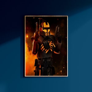 May include: A black and yellow Star Wars clone trooper with a blaster in each hand, standing in front of a fiery orange background.