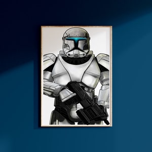 May include: A white, armoured figure with a blue visor stands holding a black weapon. The figure is wearing a helmet with a black visor and a white, armoured suit. The figure is holding a black weapon in its right hand.