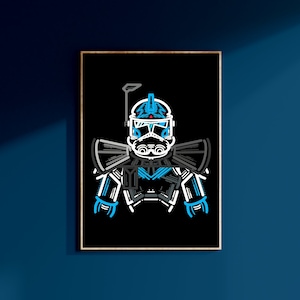 Puede incluir: Una ilustración en blanco y negro de un soldado clon de Star Wars con detalles azules. El soldado lleva un casco y una armadura. El fondo es negro.