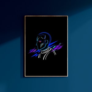 Puede incluir: Una impresión de arte digital de un retrato estilizado de una persona con líneas azules y moradas sobre un fondo negro.