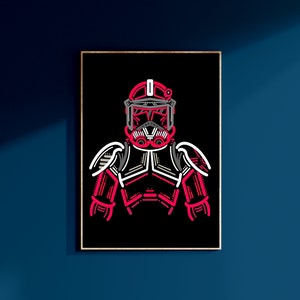 May include: A line art illustration of a Star Wars clone trooper in red and grey on a black background.