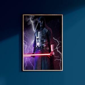 May include: A dark figure in a hooded robe and armour stands with a red lightsaber in a stormy setting. The figure is surrounded by purple lightning and rain.