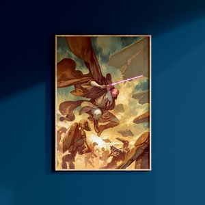 Peut inclure: Une peinture d'un chevalier Jedi en robe brune brandissant un sabre laser sur fond de bataille spatiale. Le Jedi est entouré de soldats ennemis et de vaisseaux spatiaux.