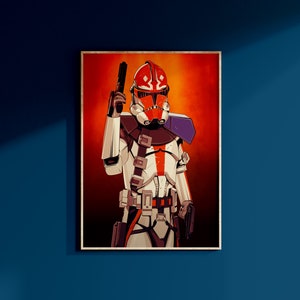 May include: A red and white Star Wars clone trooper with a blue shoulder pad and a blaster pistol in his right hand. The background is a red and orange gradient.