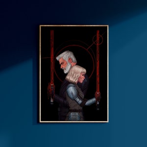 Puede incluir: Una ilustración digital de un hombre y una mujer de pie uno al lado del otro. El hombre tiene el pelo blanco y barba. La mujer tiene el pelo rubio. Ambos visten ropa oscura y sostienen sables de luz rojos. El fondo es negro con círculos rojos.