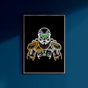 May include: A black and white line art illustration of a Star Wars clone trooper with yellow accents. The trooper is wearing a helmet and armour. The background is black.