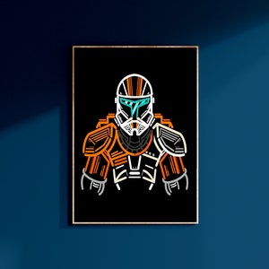 May include: A line art illustration of a Star Wars clone trooper wearing an orange and white helmet and armour. The background is black.