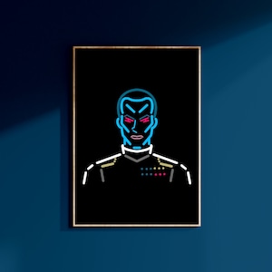 Puede incluir: Una ilustración de arte de línea de neón azul y rosa de una persona con una expresión seria. La persona lleva un uniforme oscuro con detalles dorados y una fila de pequeños puntos de colores en el pecho.