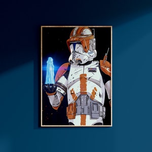 Peut inclure: Un soldat clone de Star Wars portant une armure orange et blanche avec un champ d'énergie bleu dans sa main. L'arrière-plan est une scène spatiale sombre avec des étoiles.