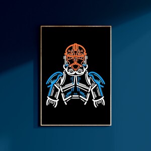 May include: A line art illustration of a Star Wars clone trooper with an orange helmet and blue armour on a black background.