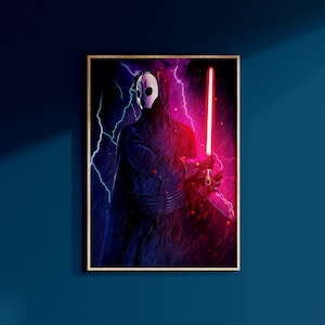 May include: A digital art print of a Star Wars character, Darth Maul, wielding a red lightsaber. The character is wearing a black robe and a white mask. The background is a dark blue with pink lightning bolts.