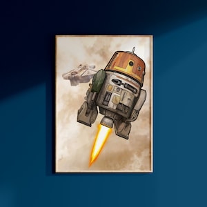 May include: A cartoon illustration of a white, orange, and green robot with a yellow flame coming out of its back. The robot is flying in the air with a brown and white spaceship in the background.