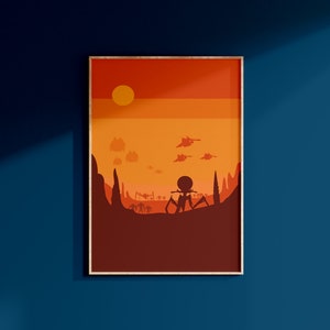May include: A digital art print of a silhouette of a large alien creature with multiple legs standing in a desert landscape. The sky is a gradient of orange and yellow with a large sun in the upper left corner. There are smaller alien creatures and flying ships in the background.