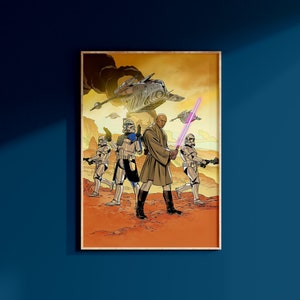 Peut inclure: Un maître Jedi avec un sabre laser violet se tient avec quatre soldats clones devant un paysage désertique. Le Jedi porte une robe brune et les soldats clones portent une armure blanche avec des marques bleues.