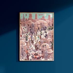 Könnte beinhalten: Eine farbenfrohe Illustration einer Star Wars-Szene, die in einer Wüstenstadt spielt. Die Szene ist gefüllt mit Charakteren und Fahrzeugen aus dem Star Wars-Universum, darunter Luke Skywalker, Han Solo, Chewbacca, R2-D2, C-3PO und Darth Vader. Die Illustration ist im Retro-Stil gehalten, mit leuchtenden Farben und kräftigen Linien.