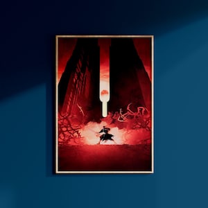 May include: A digital art print depicting a solitary figure in a dark silhouette, wielding a sword, standing in a red and orange landscape with a large, red orb in the background. The figure is surrounded by dark, thorny branches.