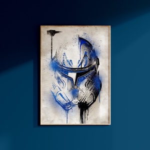 May include: A black and white illustration of a Star Wars clone trooper helmet with blue paint splatters. The helmet is set against a white background.