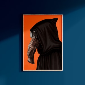 Peut inclure: Illustration numérique d'une personne portant une robe noire à capuche et un grand masque de style steampunk en métal avec des lunettes. L'arrière-plan est de couleur orange unie.