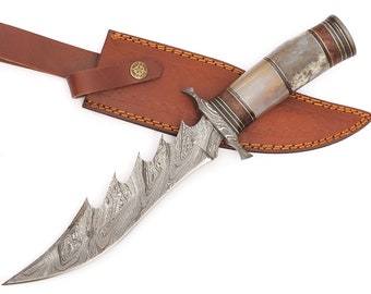 Handmade Damascus Steel Hunting Knife with Stag Horn Handle, Personalized Gift for Him, Custom gift for him, best birthday and weeding gift